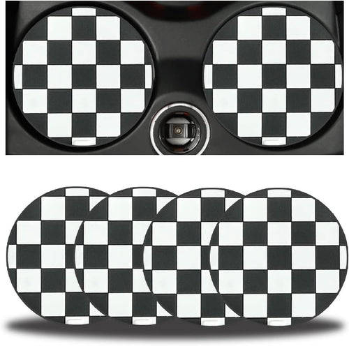 TSUGAMI 4 Pack Car Cup Coasters, 2.75 Inch Vehicle Holder Cup Holder Insert Coaster, Anti-Slip Automotive Black White Grid Drink Cup Mat, Universal Automotive Interior Accessories