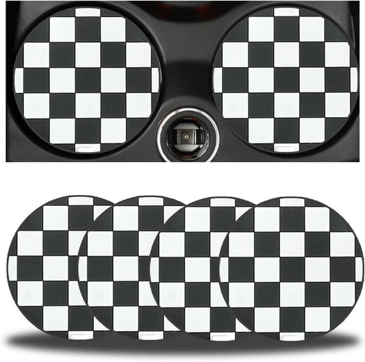 TSUGAMI 4 Pack Car Cup Coasters, 2.75 Inch Vehicle Holder Cup Holder Insert Coaster, Anti-Slip Automotive Black White Grid Drink Cup Mat, Universal Automotive Interior Accessories
