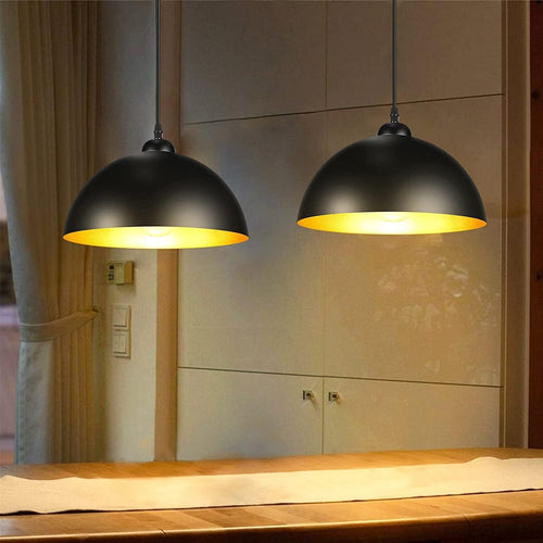 Depuley Kitchen Pendant Light, 2 Packs Industrial Ceiling Lighting Fixture with Metal Dome Lamp Shade, Hanging Lamp for Restaurant, Dining Room, Living Room, Coffee, Bar, Black and Gold