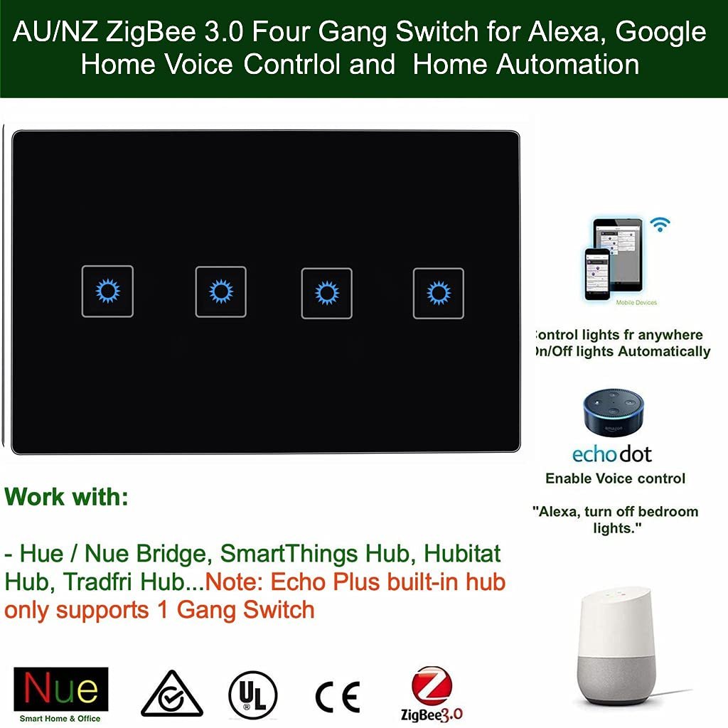 AU/NZ Approved ZigBee Smart 4 Gang Light Switch for Home Automation, Alexa Voice Control - Black 4 Gang