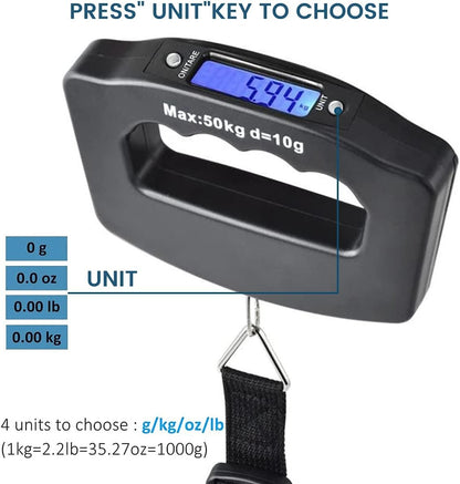 Digital Luggage Scales, 50kg/110lb Electronic Hanging Scales, Portable Digital Luggage Scale with Backlight Digital Display Travel, Handheld Style Suitcase Scales with Hook for Travel Outdoor Home Use