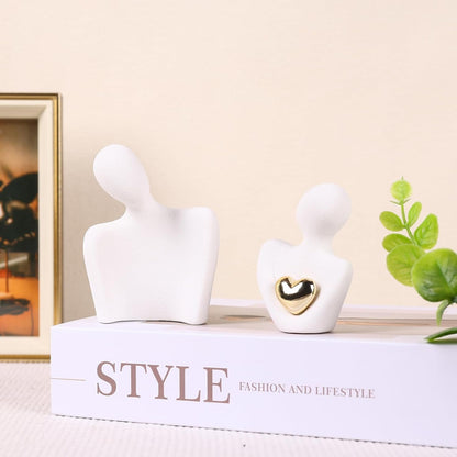 oliruim 8cm Tall Couple Figurines for Home Decoration Modern Sculpture with Gold Heart Design - Home Decoration, Couple Anniversary Gift Wedding (8cm White)