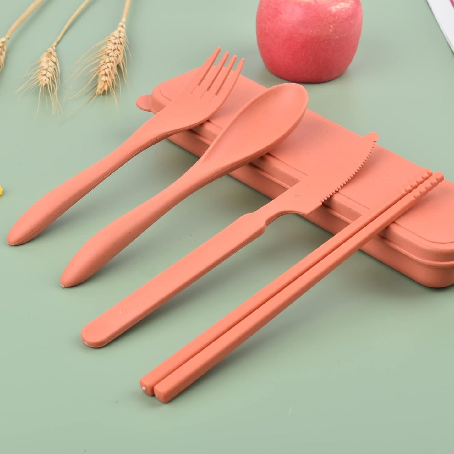 Reusable Utensils Set with Case, 4 Sets Wheat Straw Travel Cutlery Set, Portable Spoon Knife Fork Chopsticks Lunch Box Utensil Set