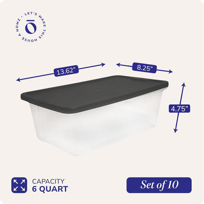 HOMZ Snaplock Stackable 6 Quart Clear Organizer Storage Container Bin with Tight Seal Gray Lid for Home Organization, 10 Pack
