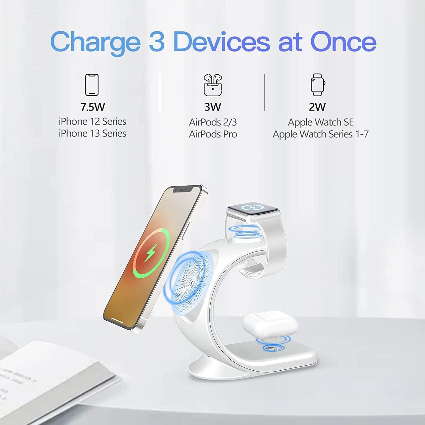 KIYOSAKI Magneitc Wireless Charger, 3 in 1 Wireless Charging Station, Charging Dock for AirPods, Watch Stand for Apple Watch, Qi Fast Charging Stand for iPhone 14/13/12 Series