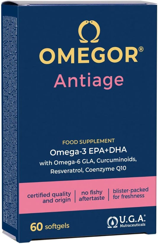 OMEGOR Anti-Aging with Omega 3 and 6 - Antioxidant Skin Supplement Against the Signs of Aging with Coenzyme Q10, Resveratrol, Alpha Lipoic and Turmeric (60 Capsules)