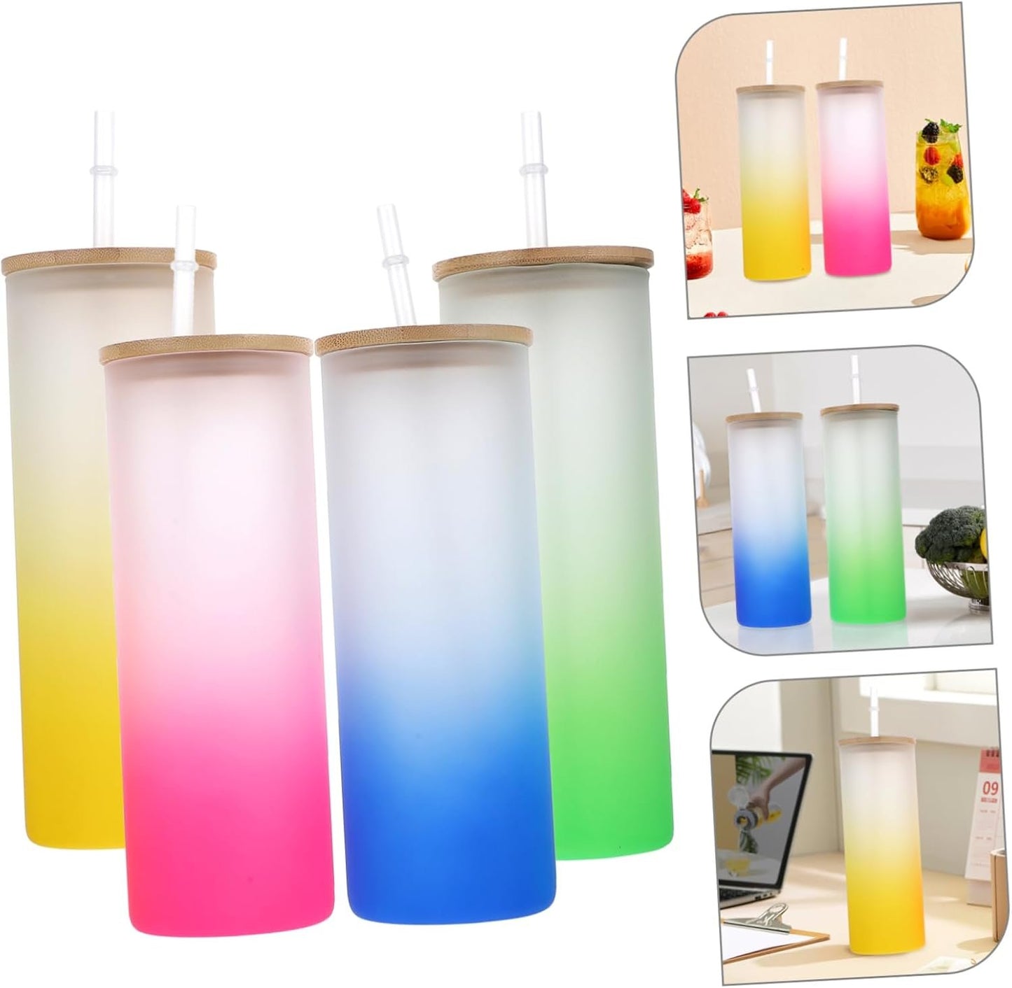 Zerodeko 4Pcs Gradient Sublimation Glass Drinking Cup Frosted Color Changing Tumbler with Lid