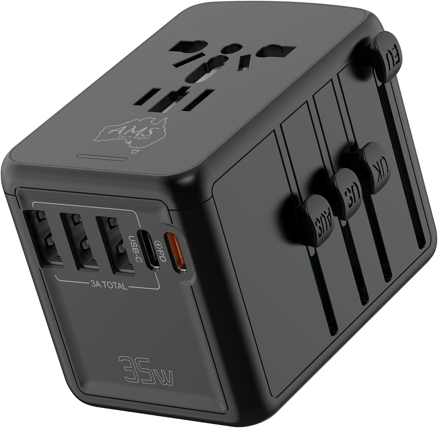 Universal Travel Adapter 35W PD Offers 1xMulti AC Outlet & 2xUSB-C & 3xUSB-A Fast Charging Ports, International Travel Charger, Worldwide Plug Converter â€“ Compatible with AU UK USA EU & 150+ Countries
