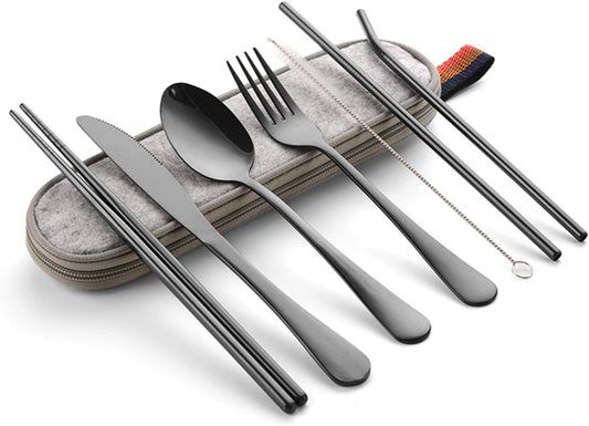 Tongke Cutlery Set, Reusable Stainless Steel Travel Cutlery Kit, Portable Flatware Set, Travel Camping Utensil Dinnerware Set with a Waterproof Case (8-Pieces Black)