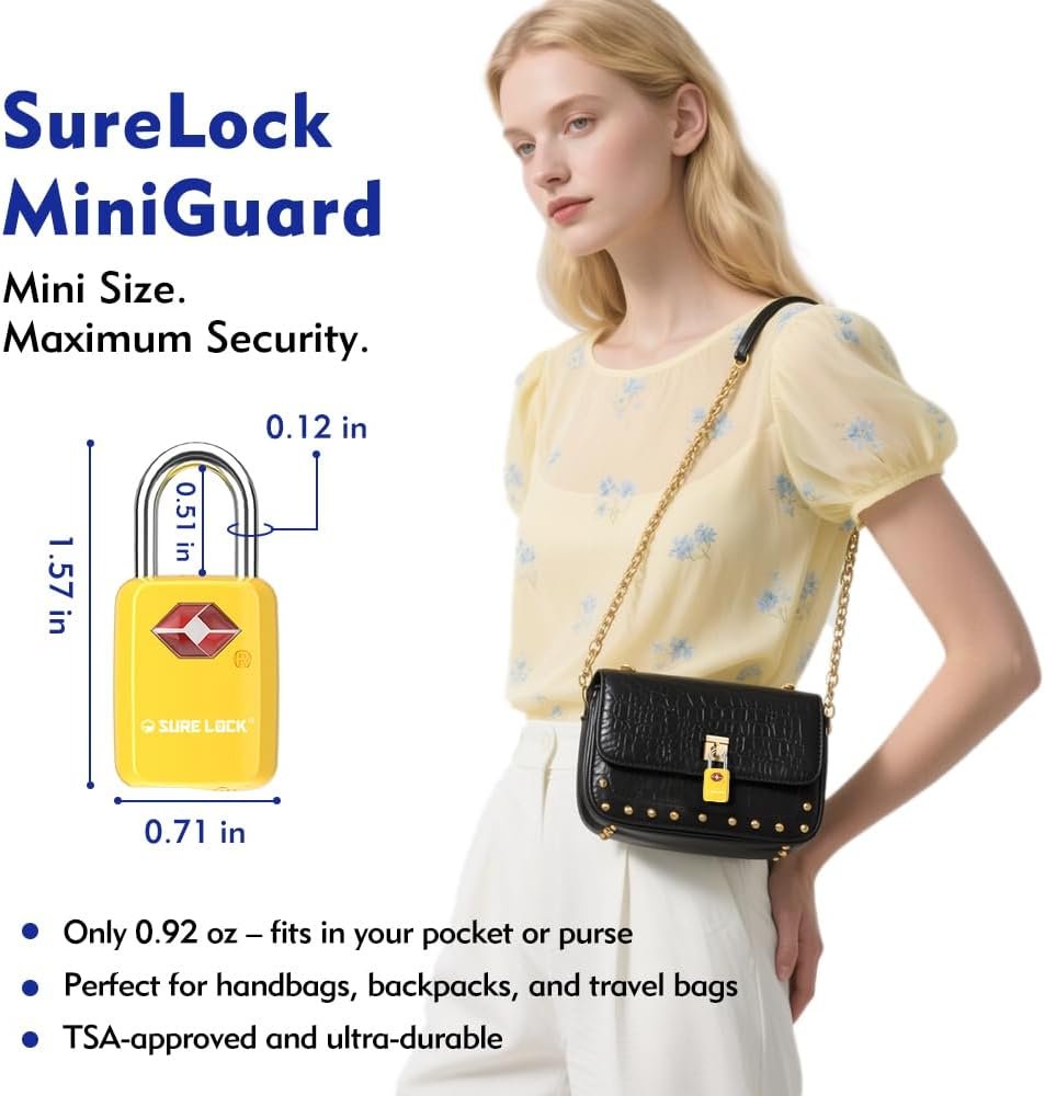 SURE LOCK TSA Approved Luggage Locks - One Key Opens All, Compact & Durable Zinc Alloy Travel Lock with Steel Shackle, Keyed Alike (Yellow 4 Locks, Mini Size for Suitcase/Backpack/Gym Locker)