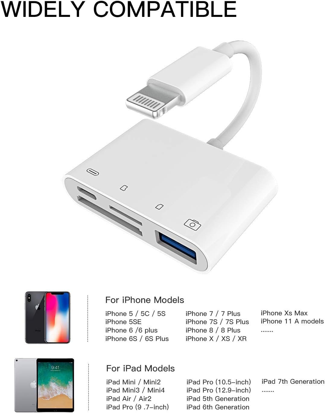 SD Card Reader for iPhone 14 13 Lightning to USB Micro TF Charger Cable Dongle OTG Adapter for Apple Camera Mouse Keyboard Memory Viewer Flash Drive Stick Cord Converter Photo Photography Accessories