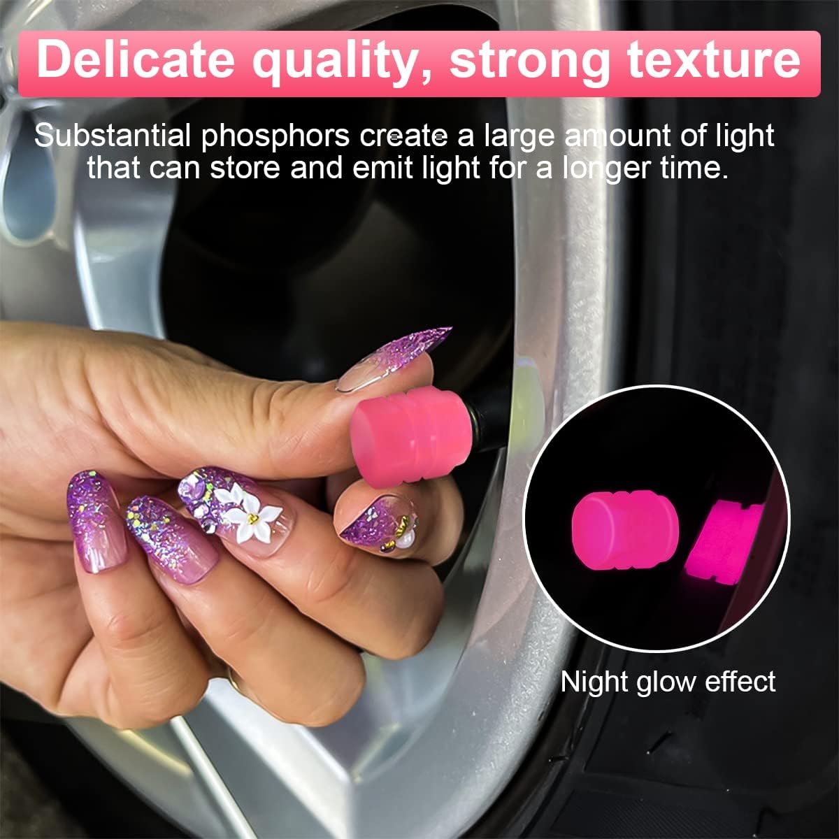 Tire Valve Stem Caps for Car, 12PCS Noctilucous Tire Air Caps Cover, Illuminated Auto Wheel Valve Stem Cap, Car Accessories Universal for Car, Truck, SUV, Motorcycles, Bike (Pink)