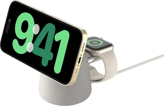 Belkin MagSafe Charger Compatible 2-in-1 Wireless Charging Dock 15W - MagSafe-Compatible Charger for Qi2, Apple iPhone 15, 14, 13, 12 Series, AirPods, & Other Qi2 Enabled Devices, PSU Included – Sand