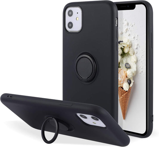 UEEBAI Case for iPhone 11, Slim Liquid Silicone Phone Case with 360 Rotatable Ring Holder Kickstand wtih Magnetic Car Mount Gel Rubber Shockproof TPU Bumper Case Cover for iPhone 11 6.1 - Black