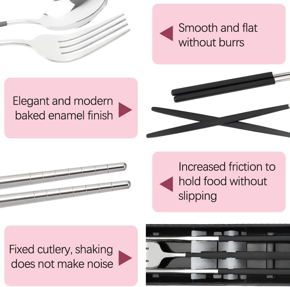 JEPELUS 2Pcs Stainless Steel Utensils Set for Lunch Box, Reusable Cutlery Set with Case for Adult Camping School Picnic Office Work, Potable Travel Cutlery Utensil Mute Dishwasher Safe(Black,Pink)