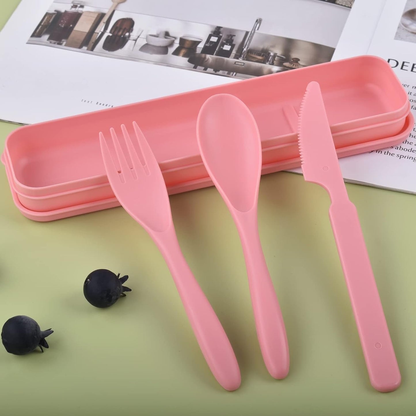 2 Sets Travel Cutlery Set with Case, Reusable Plastic Knife Spoon and Fork Set, Utensils Set for Lunch Box, Portable Camping Flatware Set Service Dinnerware for Picnic School or Daily Use (Blue+Pink)