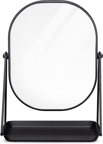 Navaris Makeup Mirror with Jewellery Box – Oval Make-Up Cosmetic Mirror 18 x 22.5 cm – 360° Swivel with Jewellery Tray – Black Design
