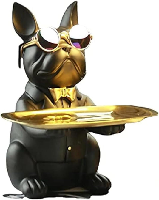 suruim French Bulldog Gifts Key Holder Candy Dish Tray Home Decor Resin Butler Statue Key Bowl Entryway Table Frenchie Dog Sculpture Dining Table Decor Office Small Object Tray (Black)
