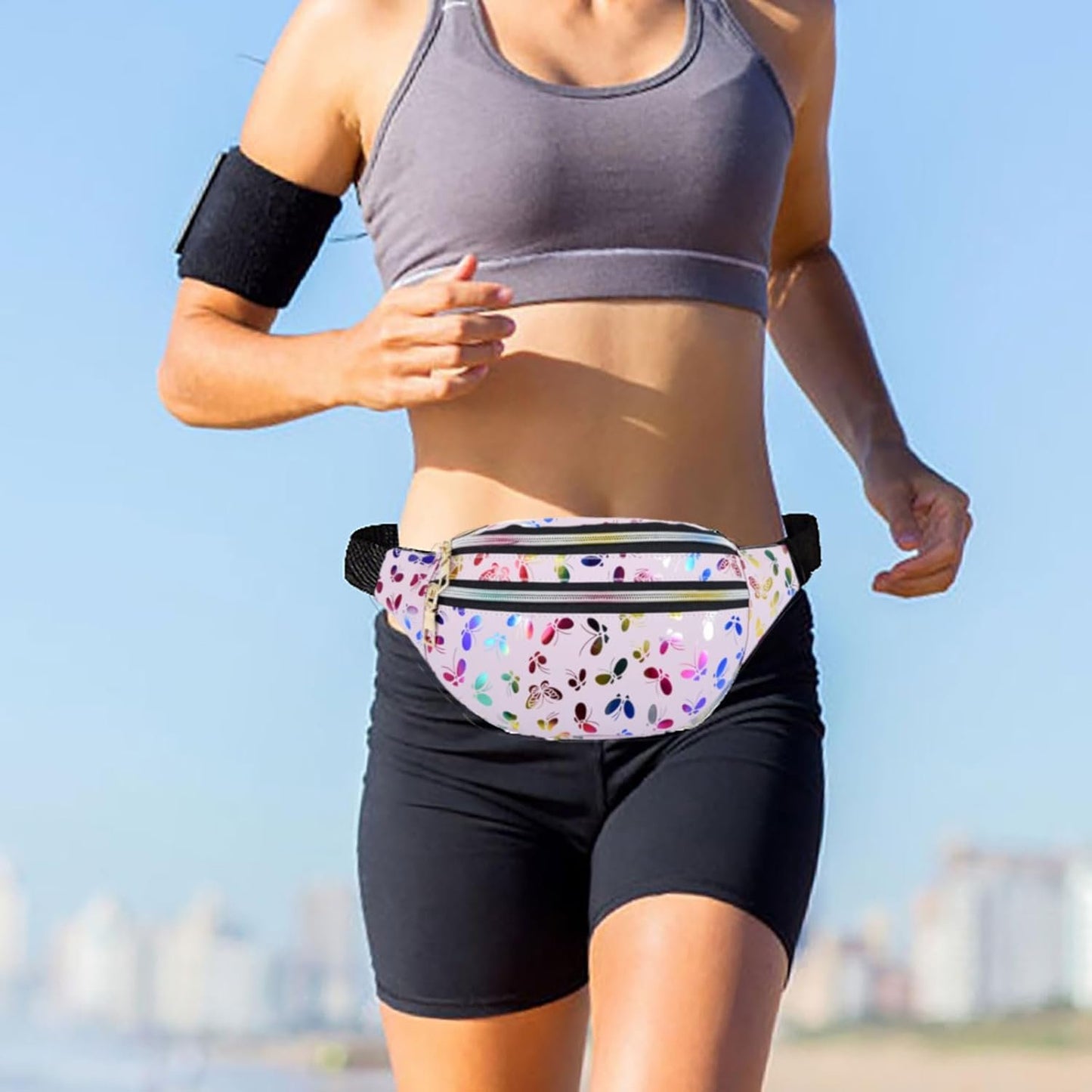 HNKJDS Butterfly Pattern Fanny Pack Shiny Waterproof Waist Packs for Women Men Fashion Holographic Belt Bag with Adjustable Belt for Rave Festival Hiking Travel Outdoor, Pink, One Size, Shiny Waist