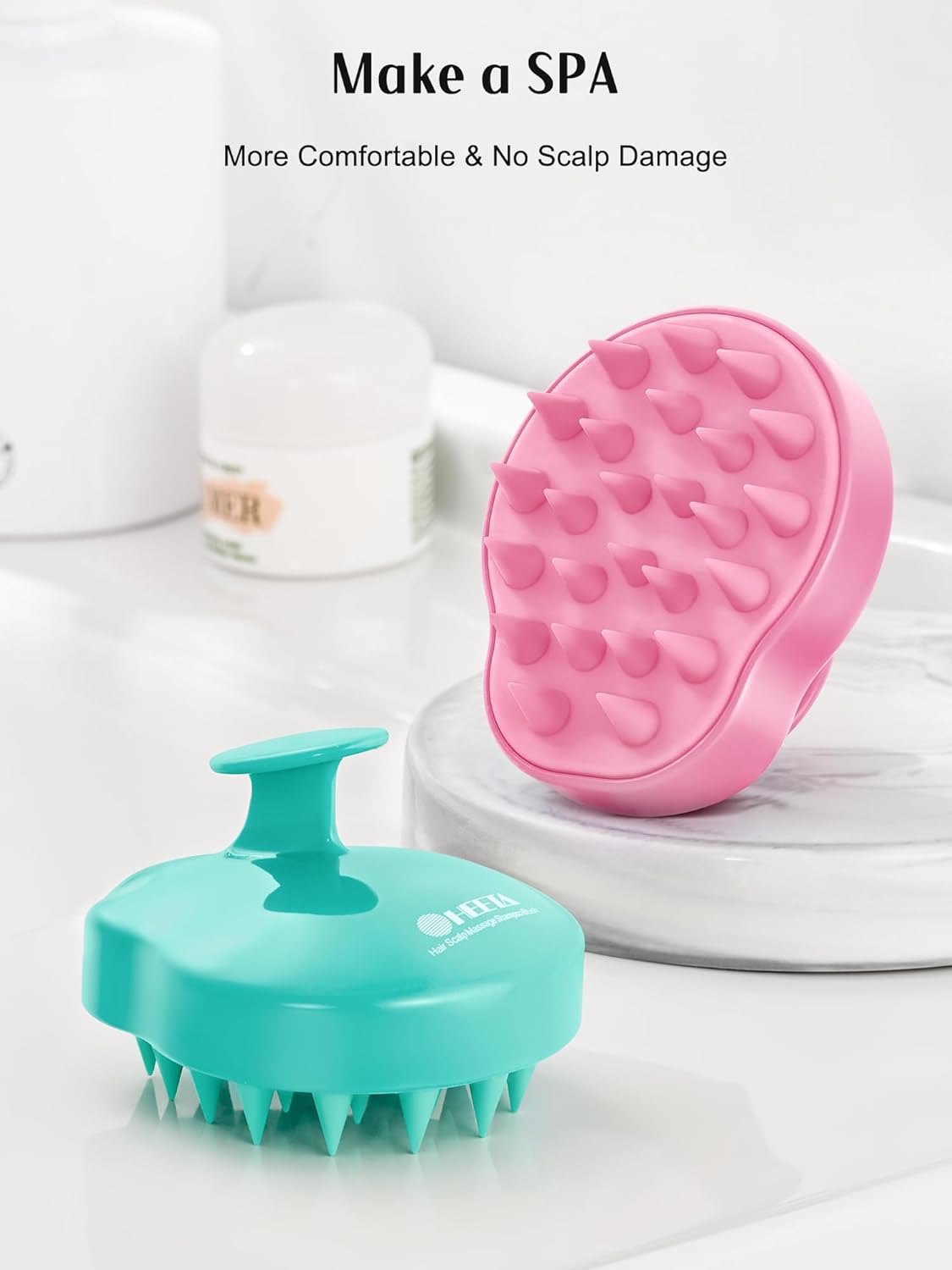 HEETA Hair Scalp Massager Shampoo Brush 2 Pack, Soft Silicone Bristles to Remove Dandruff, Waterproof Hair Scrubber for Both Wet Dry Hair, Suitable for Men & Women (Green & Pink)