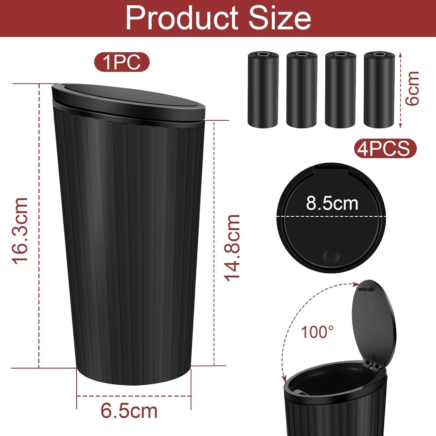 KILDOWS Car Rubbish Bin, Mini Dustbin with Black Lid Waterproof Portable Bin with 4 Rolls Garbage Bags Interior Accessories for Car Office Home