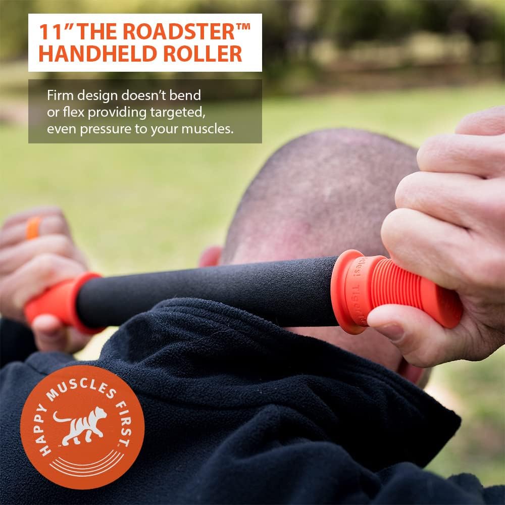 Tiger Tail 11in Massage Stick Portable Roller, Handheld, Deep Tissue Foam Roller for Legs, Neck, Calves, Thighs, Shins & Back, The Roadster 11, Orange Black