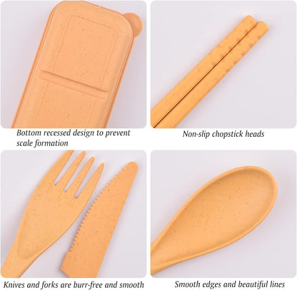 Reusable Utensils Set with Case, 4 Sets Wheat Straw Travel Cutlery Set, Portable Spoon Knife Fork Chopsticks Lunch Box Utensil Set