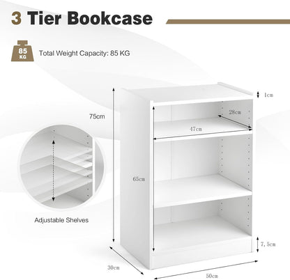 KOMFOTTEU 3 Tier Open Bookcase Shelf Adjustable Shelves Storage Cabinet Organizer with Anti-tipping Device Wardrobe for Bedroom Living Room 50x30x75cm (White)