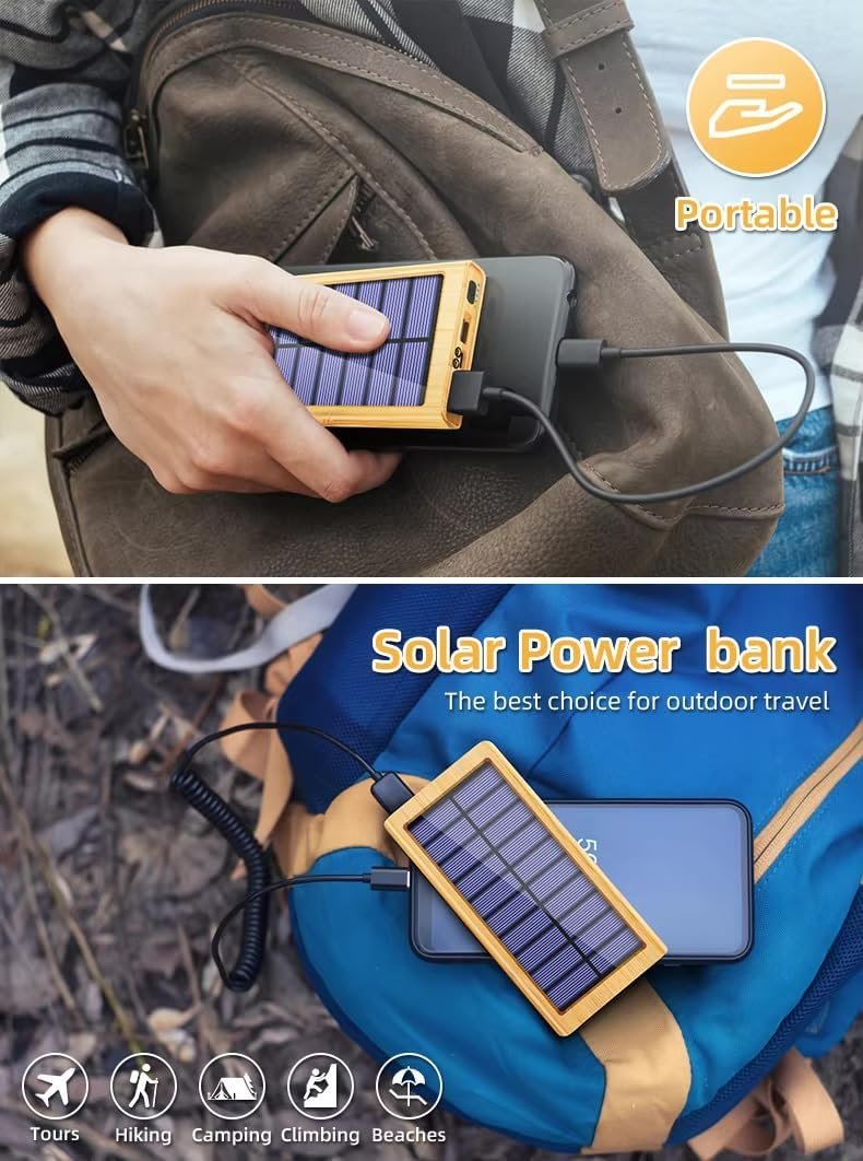 BamBoost Solar Charger Power Bank Bamboo Design - 36800mAh Power Bank, Portable Charger Eco Friendly External Battery Pack PD 22.5W and QC 3.0 Fast Charging Super Bright Flashlight Phone Charger