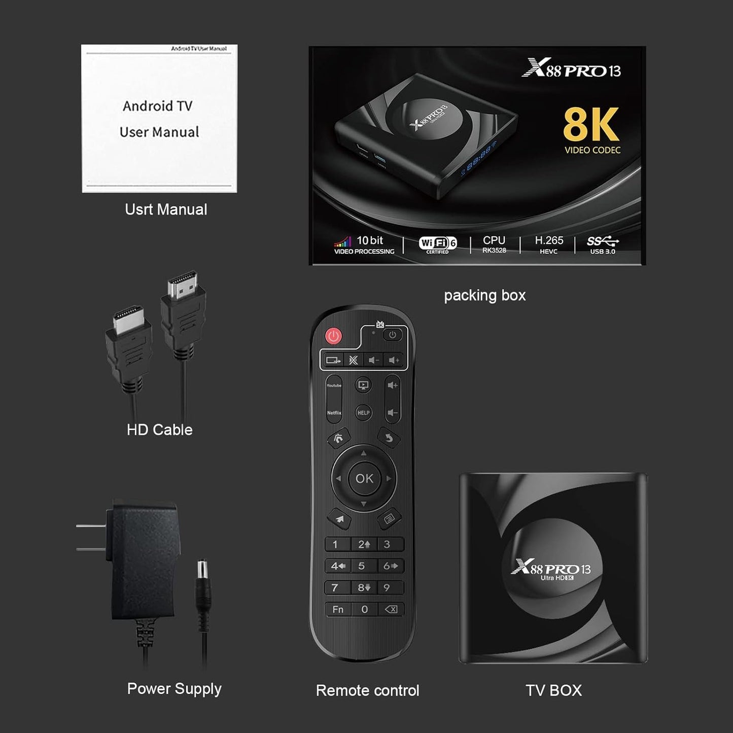 Android TV Box 13.0, 4GB RAM 32GB ROM Android Box RK3528 Quad-Core 64bit Cortex-A53 with Dual Wi-Fi 2.4G/5.0G, BT 5.0/ 3D Ultra HD 8K/ H.265/USB 3.0 Smart TV Box
