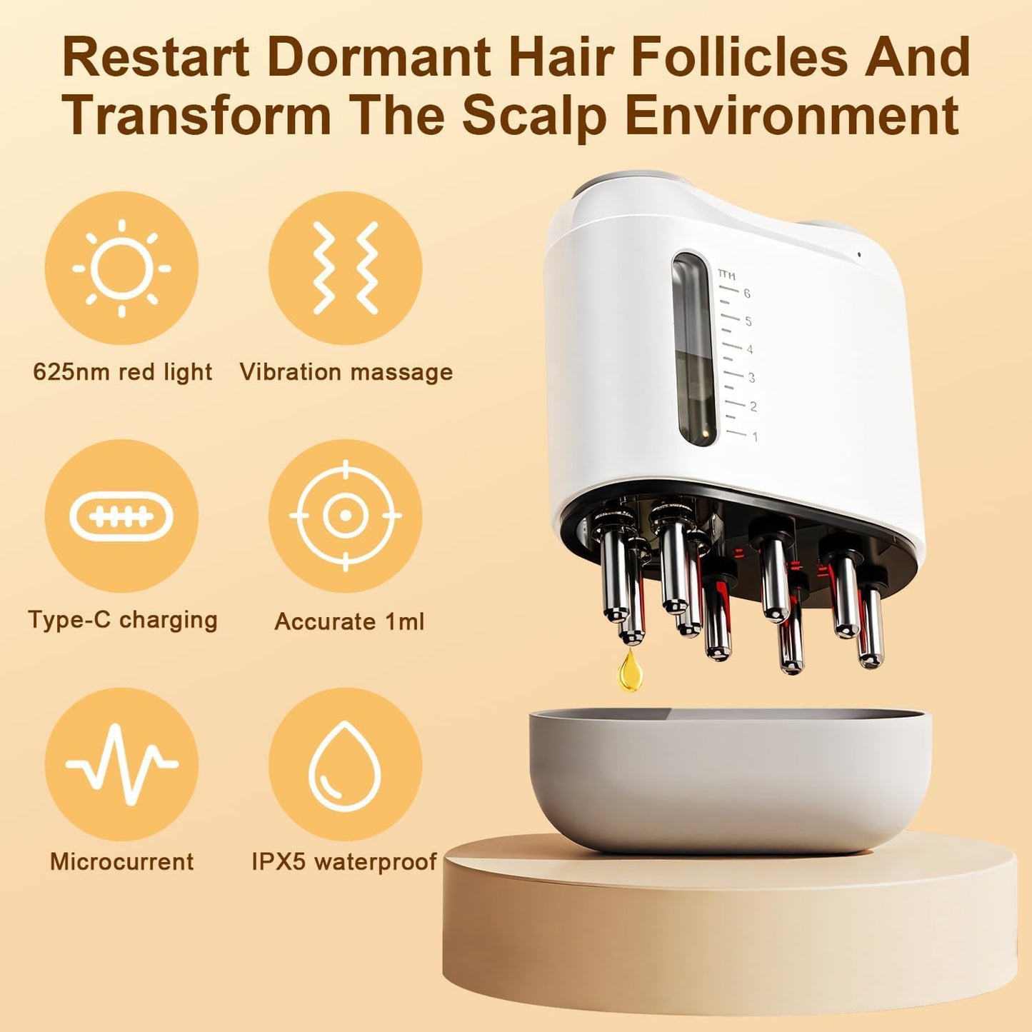 Electric Hair Brush & Scalp Massager with Oil Dispenser, Mess-Free Applicator for Nourishing Scalp and Hair Care, Rechargeable with USB Cable, Travel-Friendly, White