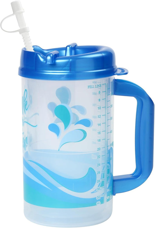 Plum Hill Hospital Cup with Lid and Straw, 32 oz Water Tracker Mug with Handle, Lightweight Cups, H2O Bottle with Measurements