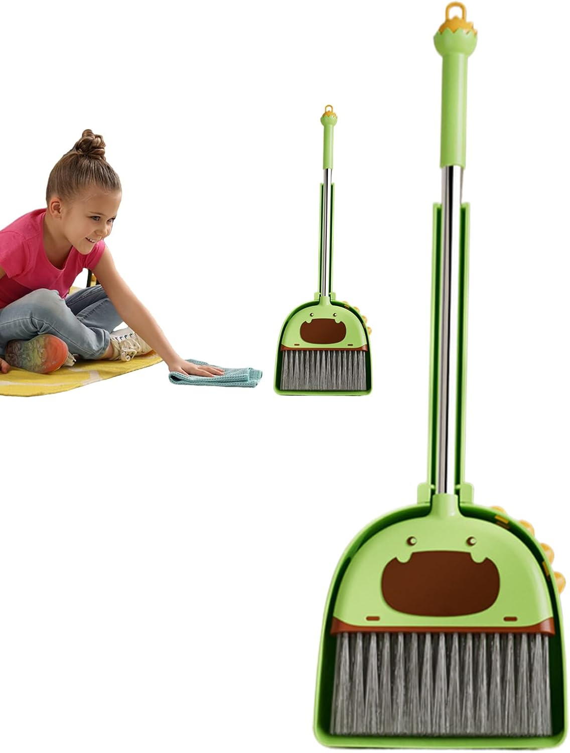 Toddler Broom Set, Kids Broom Dustpan Combo, Play Learn Educational Toy for Pretend Cleaning at Home and Preschool, 7.28x5.12x22.05 inches, Green, Pink