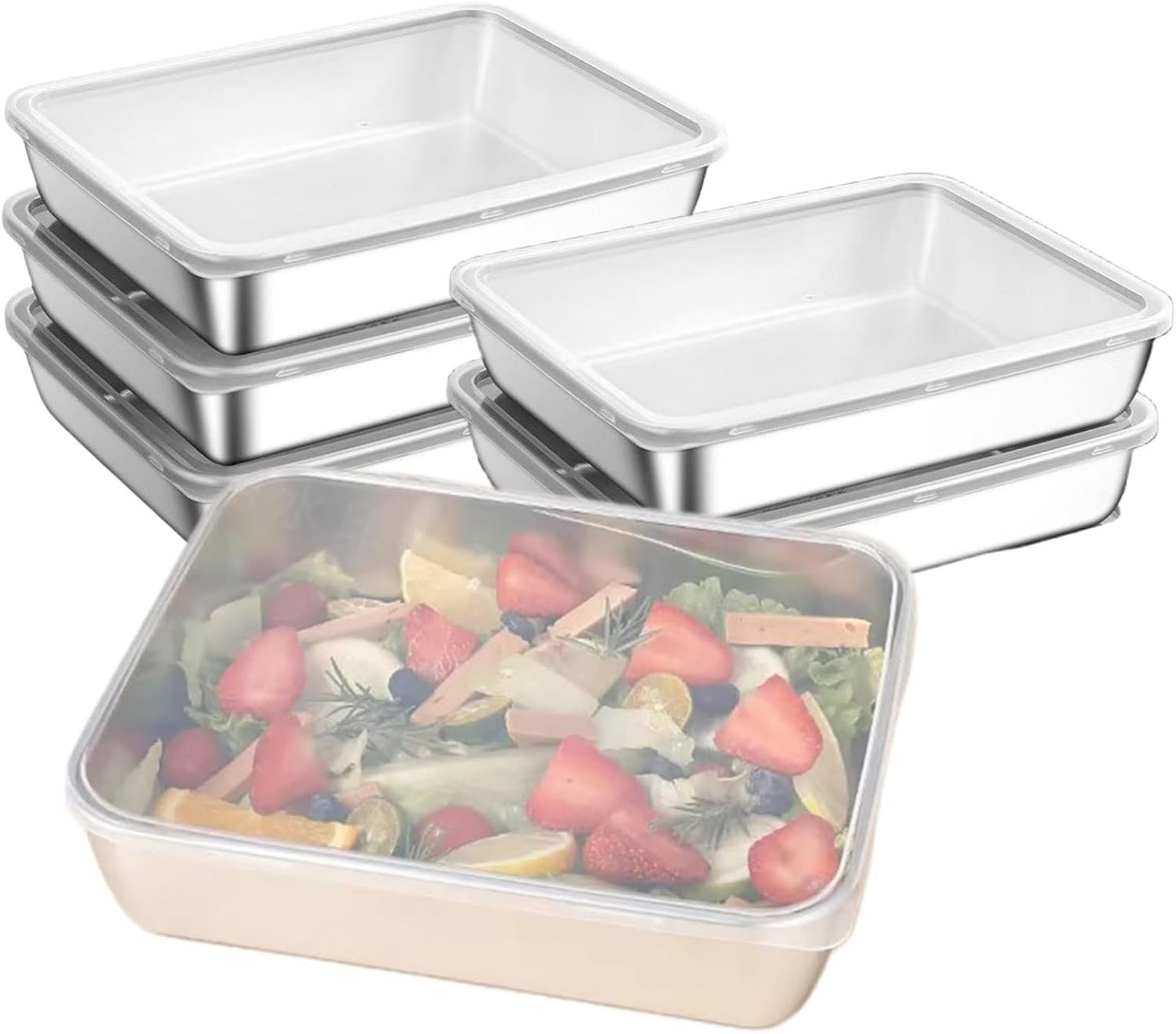 Ceiteo 6Pcs Meal Prep Food Containers with Lids, Stainless Steel Trays Freezer Box Containers for Food with Airtight Lids, Oven & Dishwaher Safe(2200ML)