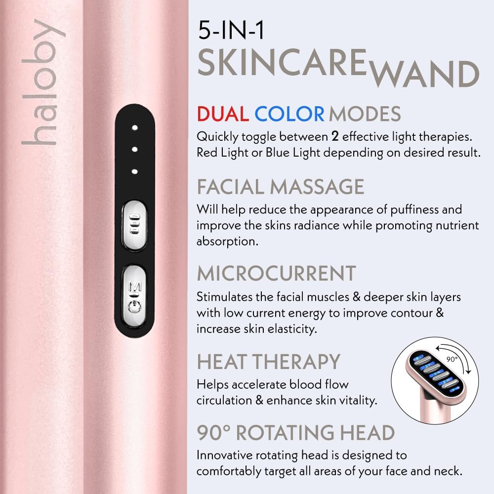 Haloby 5 in 1 Facial Wand | Microcurrent Device for Anti-Aging, Red & Blue Light Therapy, Face Massager for Rejuvenation, LED Light Therapy, Heat Therapy, Skin Care Tool: Lift Skin, for Damaged Skin