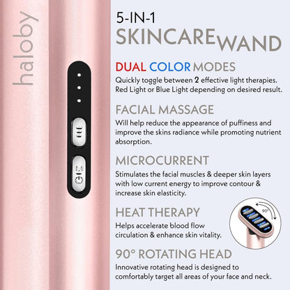Haloby 5 in 1 Facial Wand | Microcurrent Device for Anti-Aging, Red & Blue Light Therapy, Face Massager for Rejuvenation, LED Light Therapy, Heat Therapy, Skin Care Tool: Lift Skin, for Damaged Skin