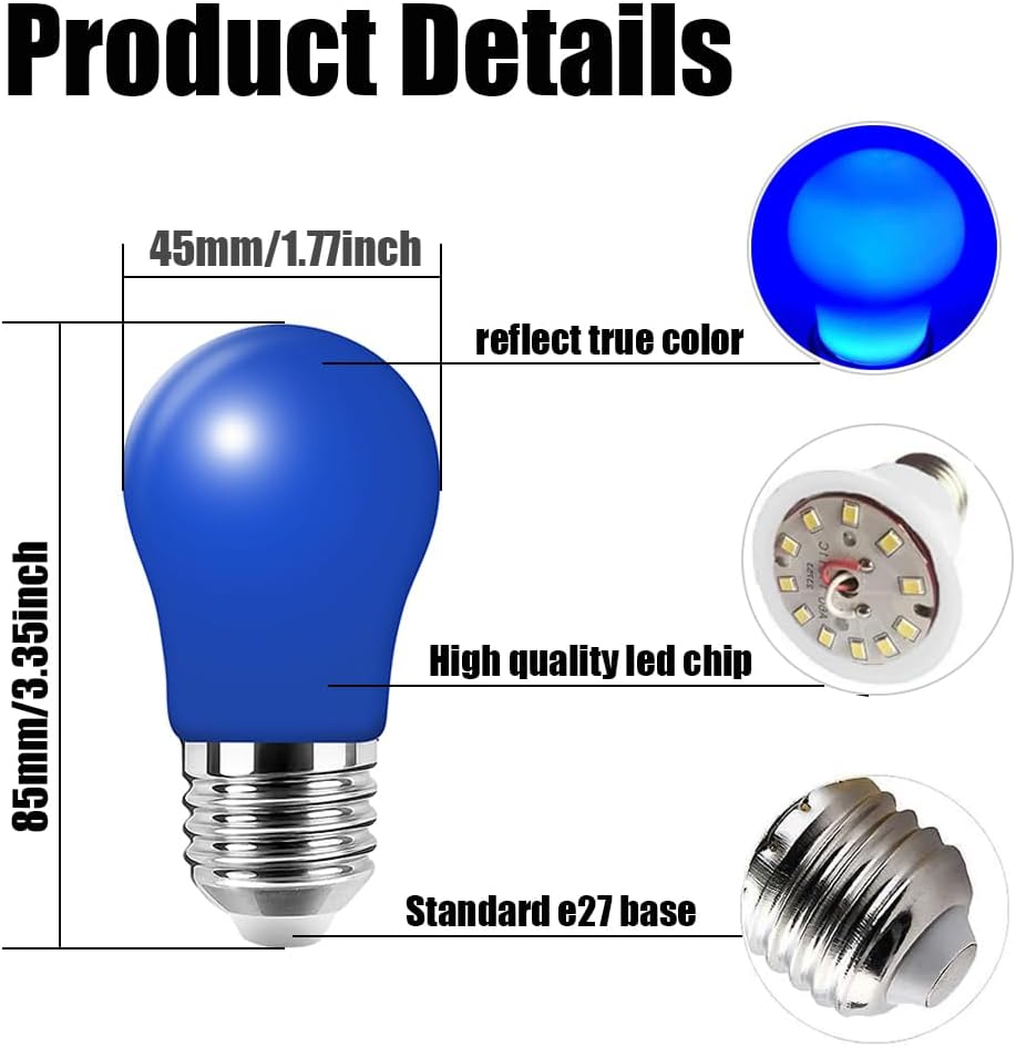 Jiotouhu Pack of 10 E27 Edison Screw LED Light Bulbs, 3 W (30 W), A50 Globe Light Bulb for Wedding, Halloween, Christmas Party, Bar, Mood Ambience Decor, Blue