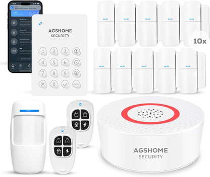 AGSHOME Wireless Home Alarm System, App Push Reminder, DIY Wi-Fi Alarm Kit with 1 Siren, 10Sensors, 2 Remote Controls and 1 Motion Sensor, 1 Keyboard, Home Anti-Theft Works with Alexa