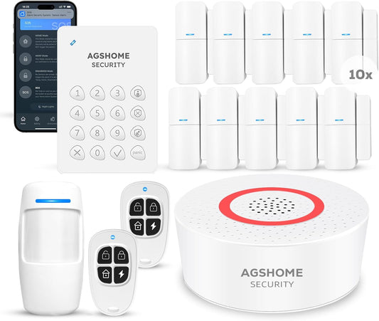 AGSHOME Wireless Home Alarm System, App Push Reminder, DIY Wi-Fi Alarm Kit with 1 Siren, 10Sensors, 2 Remote Controls and 1 Motion Sensor, 1 Keyboard, Home Anti-Theft Works with Alexa