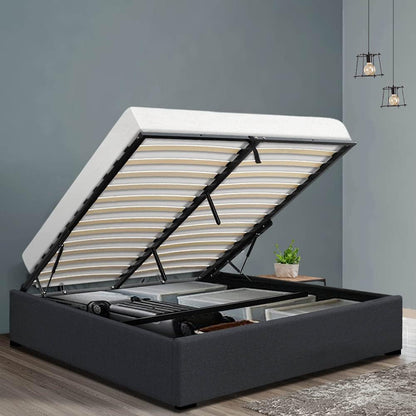 Artiss Double Bed Frame Platform Gas Lift Base Beds with Storage Bedroom Room Decor Home Furniture, Upholstered with Charcoal Faux Linen Fabric + Foam + Wood, Modern Design
