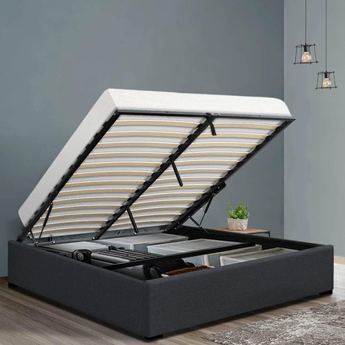 Artiss Double Bed Frame Platform Gas Lift Base Beds with Storage Bedroom Room Decor Home Furniture, Upholstered with Charcoal Faux Linen Fabric + Foam + Wood, Modern Design