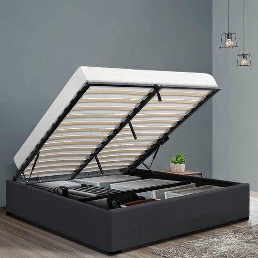 Artiss Double Bed Frame Platform Gas Lift Base Beds with Storage Bedroom Room Decor Home Furniture, Upholstered with Charcoal Faux Linen Fabric + Foam + Wood, Modern Design