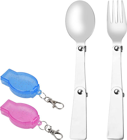 Hoxfly 2-Piece Foldable Stainless Steel Spoon and Fork Set, Includes 2 Cases, Portable Camping Cutlery for Outdoors Picnic Thermos Travel