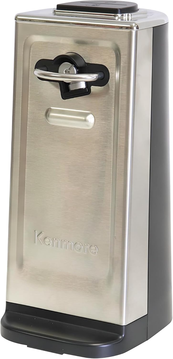 Kenmore Electric Can Opener - Extra-Tall, Smooth-Touch Side-Cut Blade, Safe Storage, Automatic Operation, Opens Regular & Pop-Top Cans, Black Steel Steel Camping Tool, Kitchen Gadget, Secure Grips