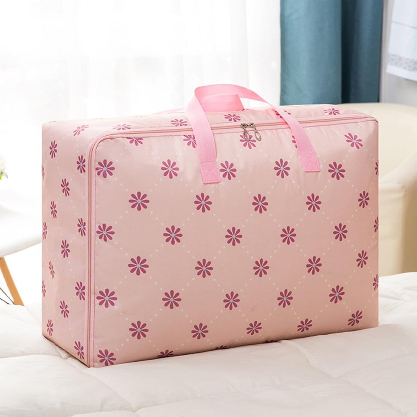 Storage Bags, Waterproof Foldable Zippered Organizer, Oxford Cloth Pvc Handbag for Bedding, Blankets, Dorm, Moving, Closet Storage, 21.7x13x7.9 Inches, Pink, Navy Blue