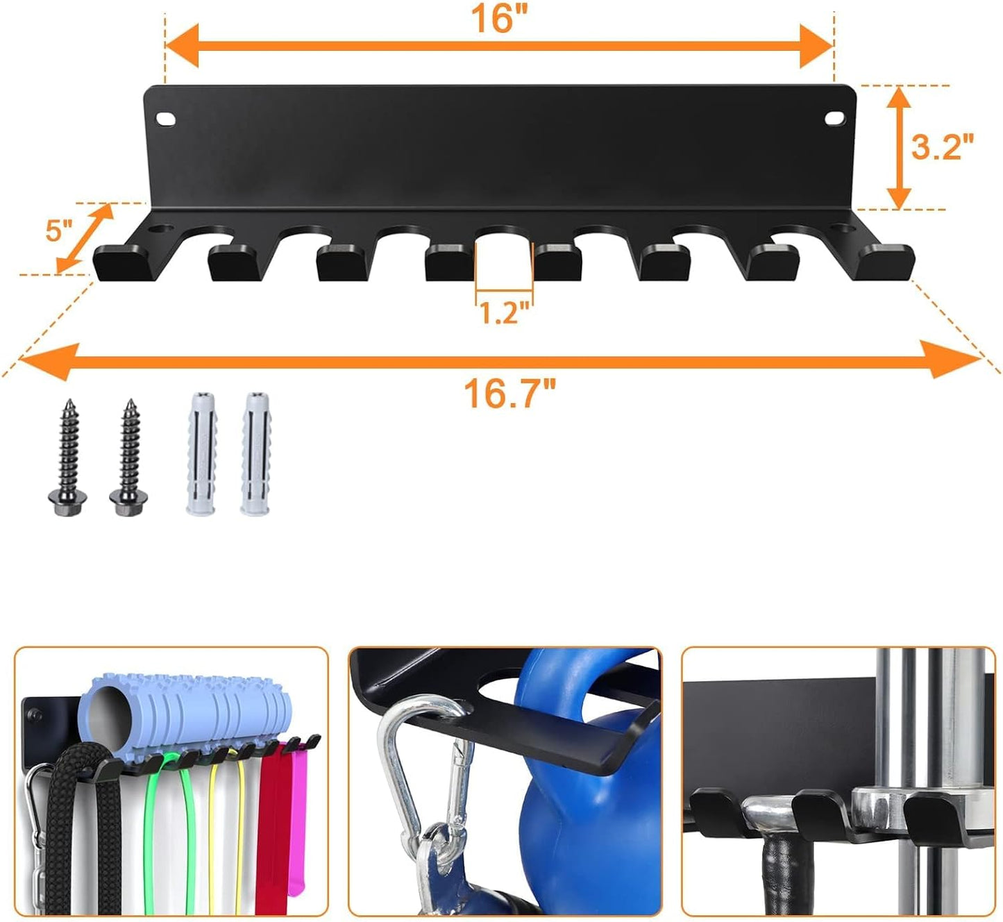 BRTGYM Gym Rack Organizer, Home Gym Accessories Hanger, Wall Mount Hooks for Olympic Barbells, Row Handles, Bats or Tools (E-Book Instruction Included)