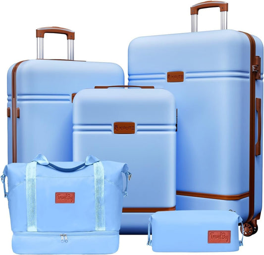 Krute Luggage Sets 5 Piece Suitcase Set Carry-On Luggage,PC ABS TSA Lock Hard Shell Lightweight Checked Luggage Set with Spinner Wheels (LightBlue)
