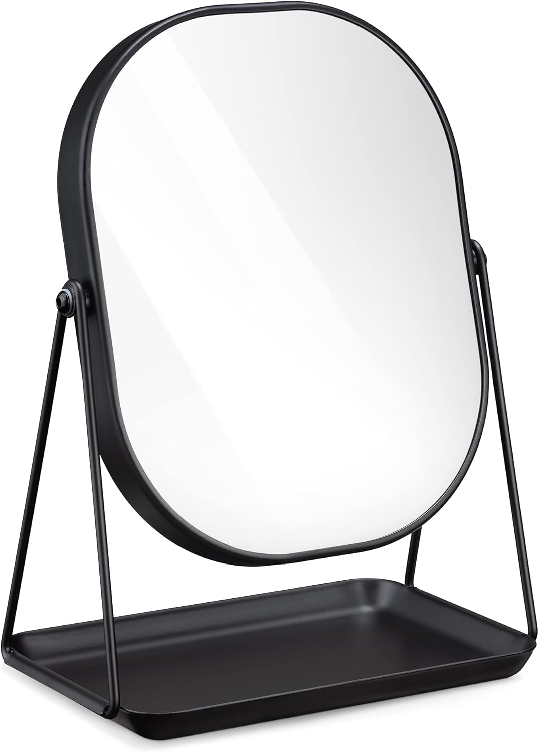 Navaris Makeup Mirror with Jewellery Box – Oval Make-Up Cosmetic Mirror 18 x 22.5 cm – 360° Swivel with Jewellery Tray – Black Design