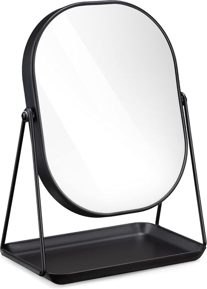 Navaris Makeup Mirror with Jewellery Box – Oval Make-Up Cosmetic Mirror 18 x 22.5 cm – 360° Swivel with Jewellery Tray – Black Design