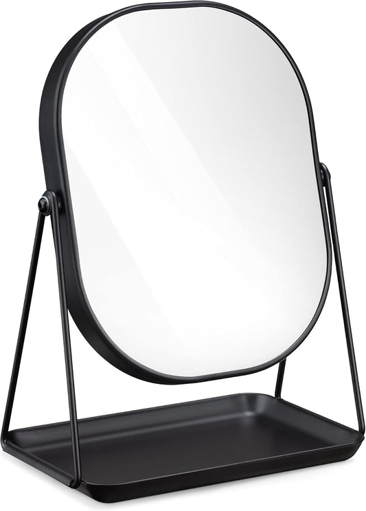 Navaris Makeup Mirror with Jewellery Box – Oval Make-Up Cosmetic Mirror 18 x 22.5 cm – 360° Swivel with Jewellery Tray – Black Design